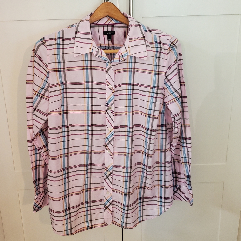 Talbots soft pink plaid blouse. Large